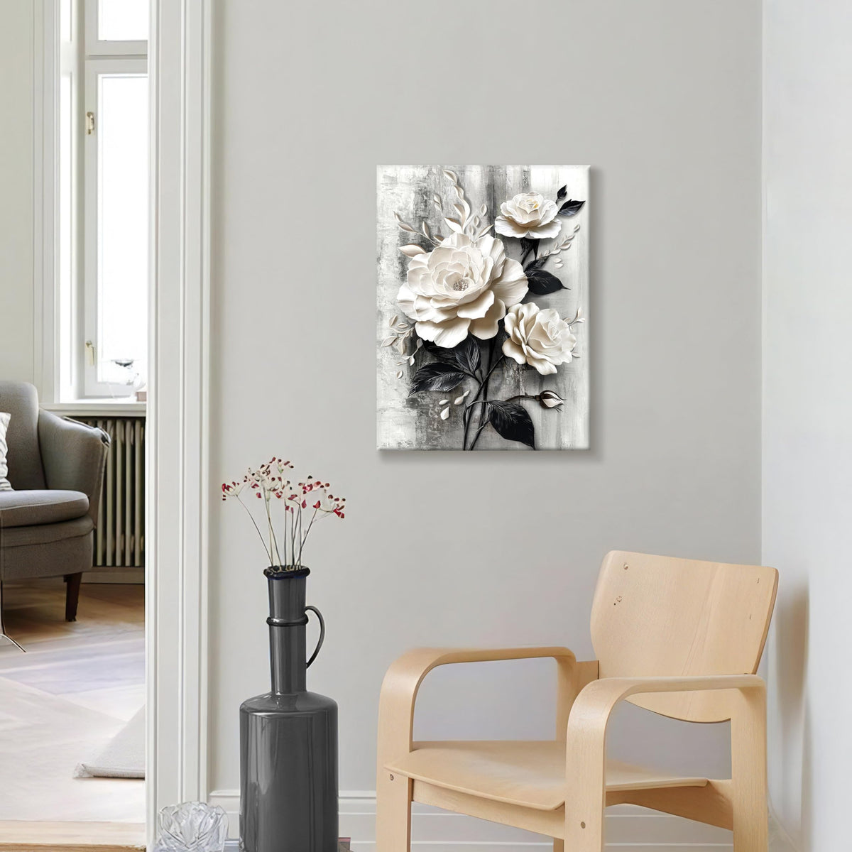 Elegant Rose Canvas Wall Art Print Modern White and Black Floral Picture Poster Abstract Blooming Flowers Painting Vintage Artwork for Living Room Bedroom Bathroom Office 12x16in (White Roses / 16"L x 12"W)