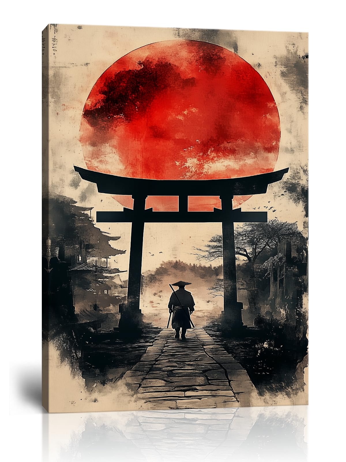 Blood Moon Torii Gate Samurai Ink Wash Canvas Framed Wall Art (12"L x 16"W / Samurai16)