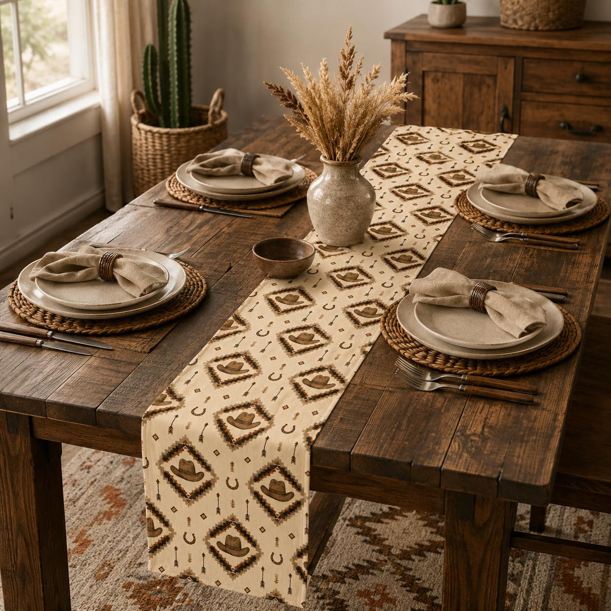 Western Cowboy Table Runner (13x90inch / Aztec Cow)