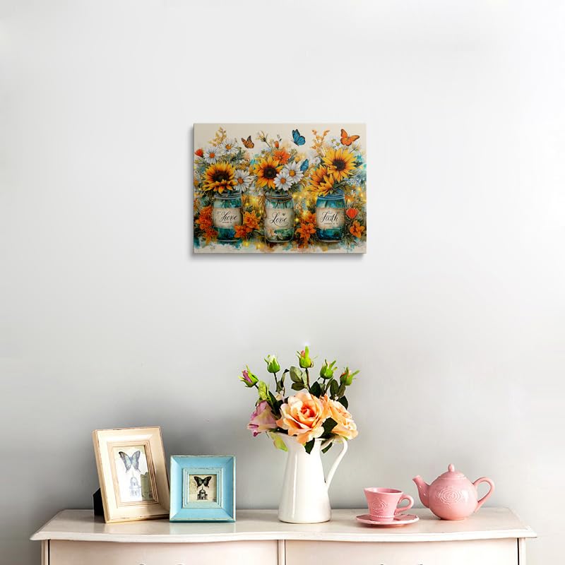 Sunflower Faith Love Canvas Wall Art Framed Painting Rustic Mason Jars with Wildflowers Butterflies Inspirational Words Farmhouse Wall Decor Artwork Print Poster 12x16 Inches (sunflower / 16"L x 12"W)