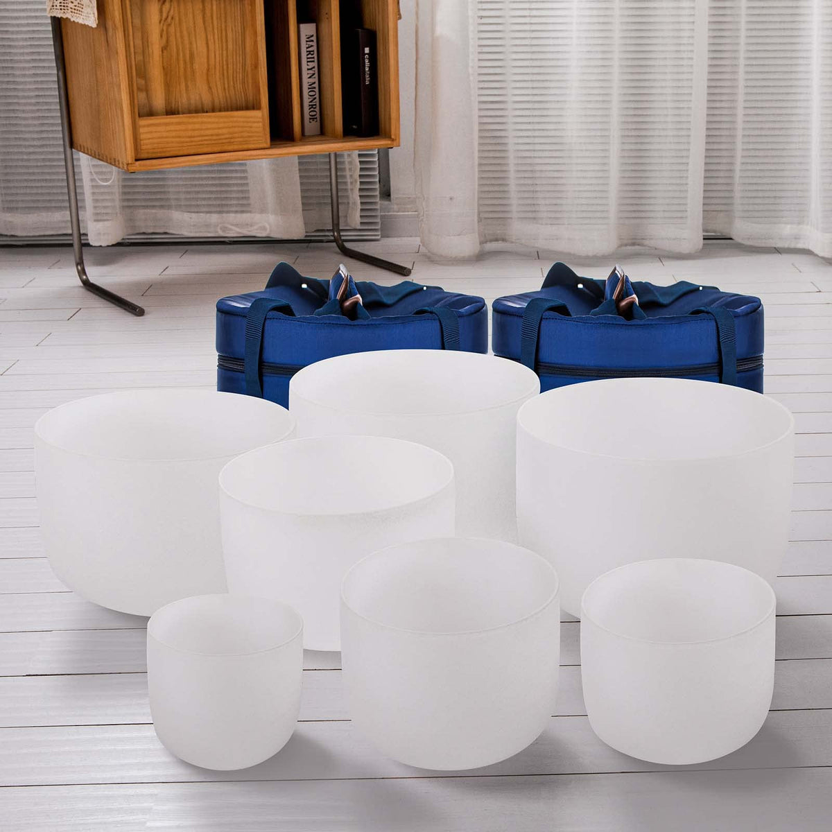 6 12 Inch Crystal Singing Bowl Set of 7 For Sound Healing With 2pcs Free Heave Duty Carring Case Crystal Mallet And O (6-12 inches / 7Pcs White)