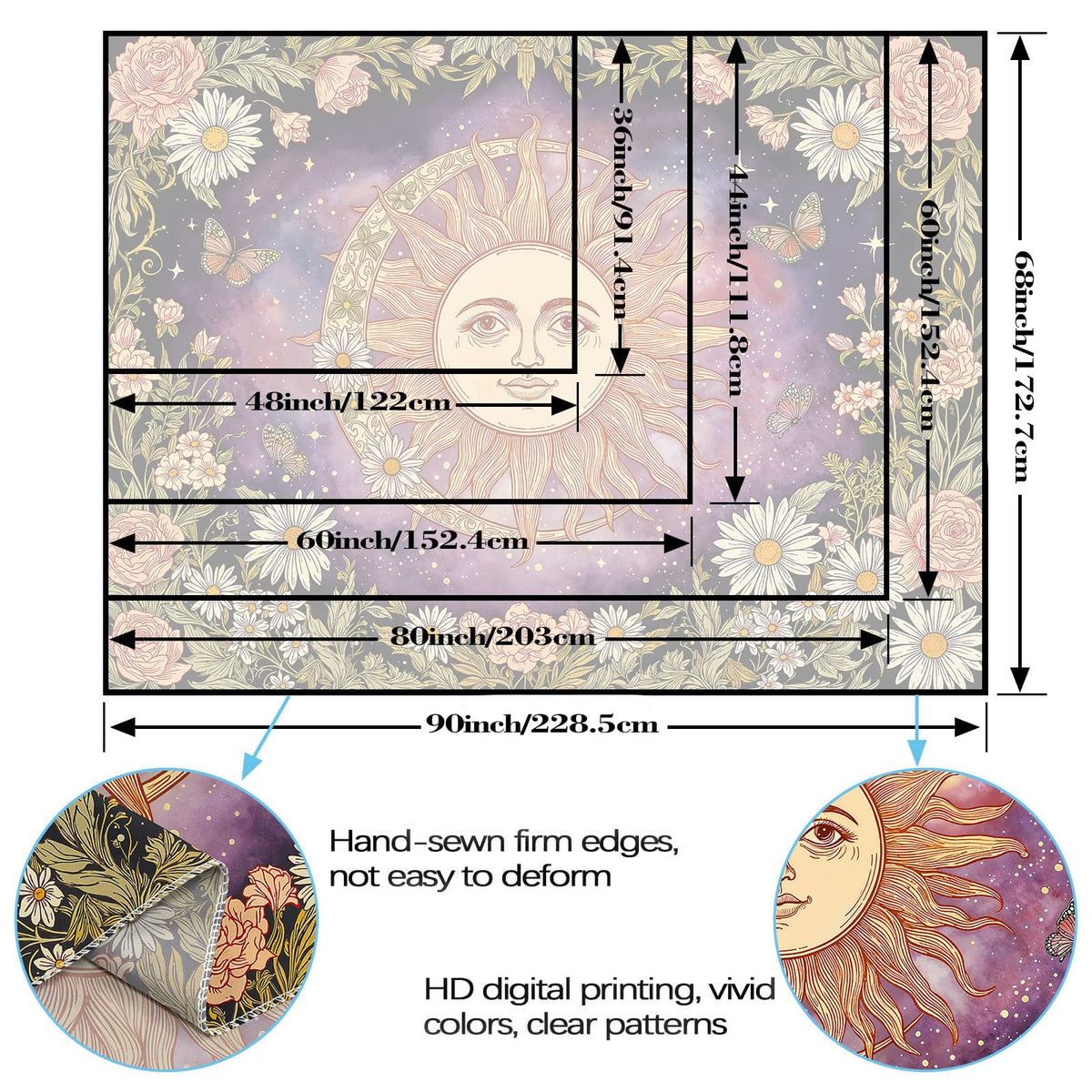 Boho Sun and Moon Vintage Purple Daisy Floral Tapestry 80 x 60 Inch (Purple Sun Rose / 80"L x 60"W)