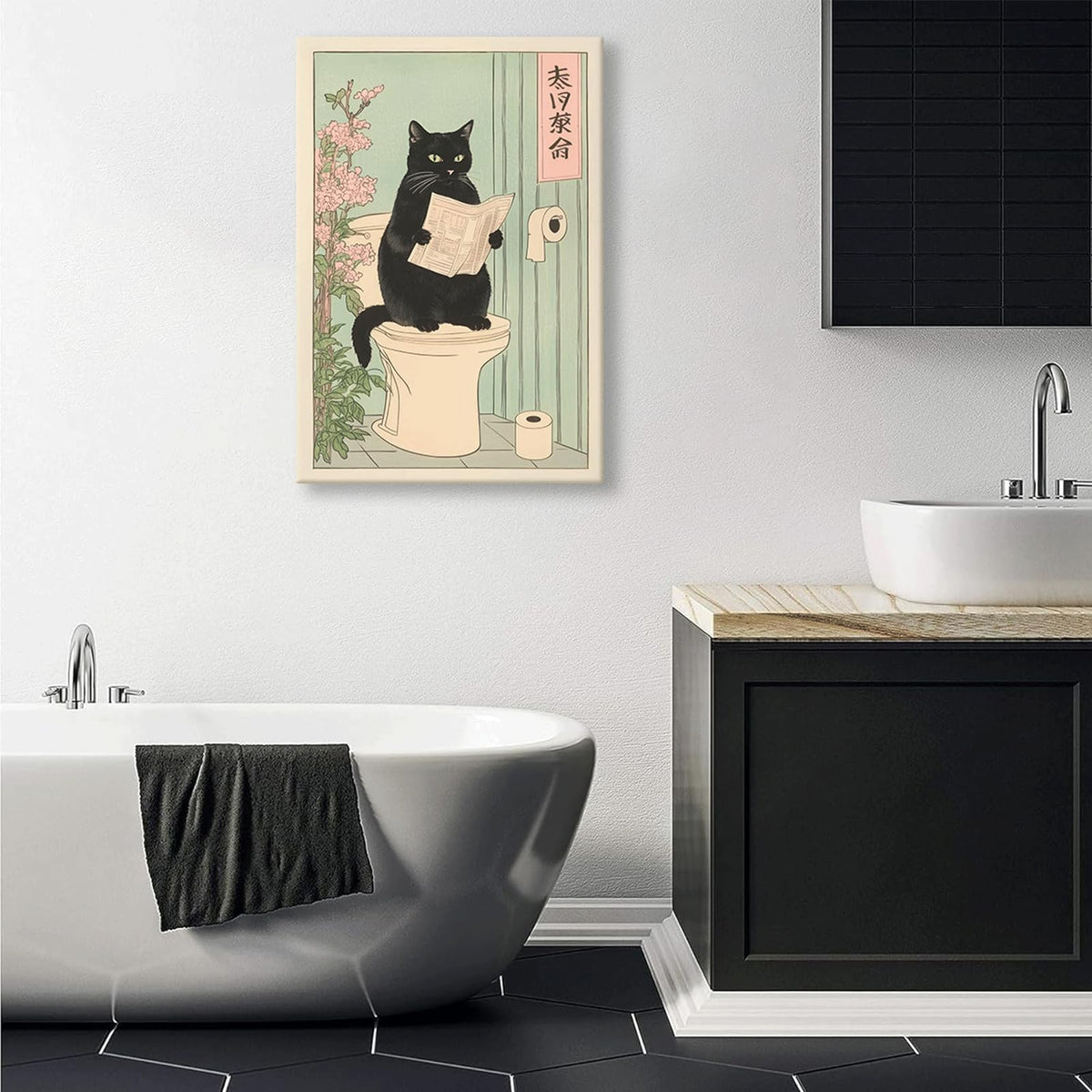 Japanese black cat on toilet Canvas Wall Art Funny bathroom print Toilet poster Japanese Cat Wall Decor Pictures Aesthetic Minimalism Artwork Neutral Painting Home Decoration (Canvas / 36"L x 24"W)