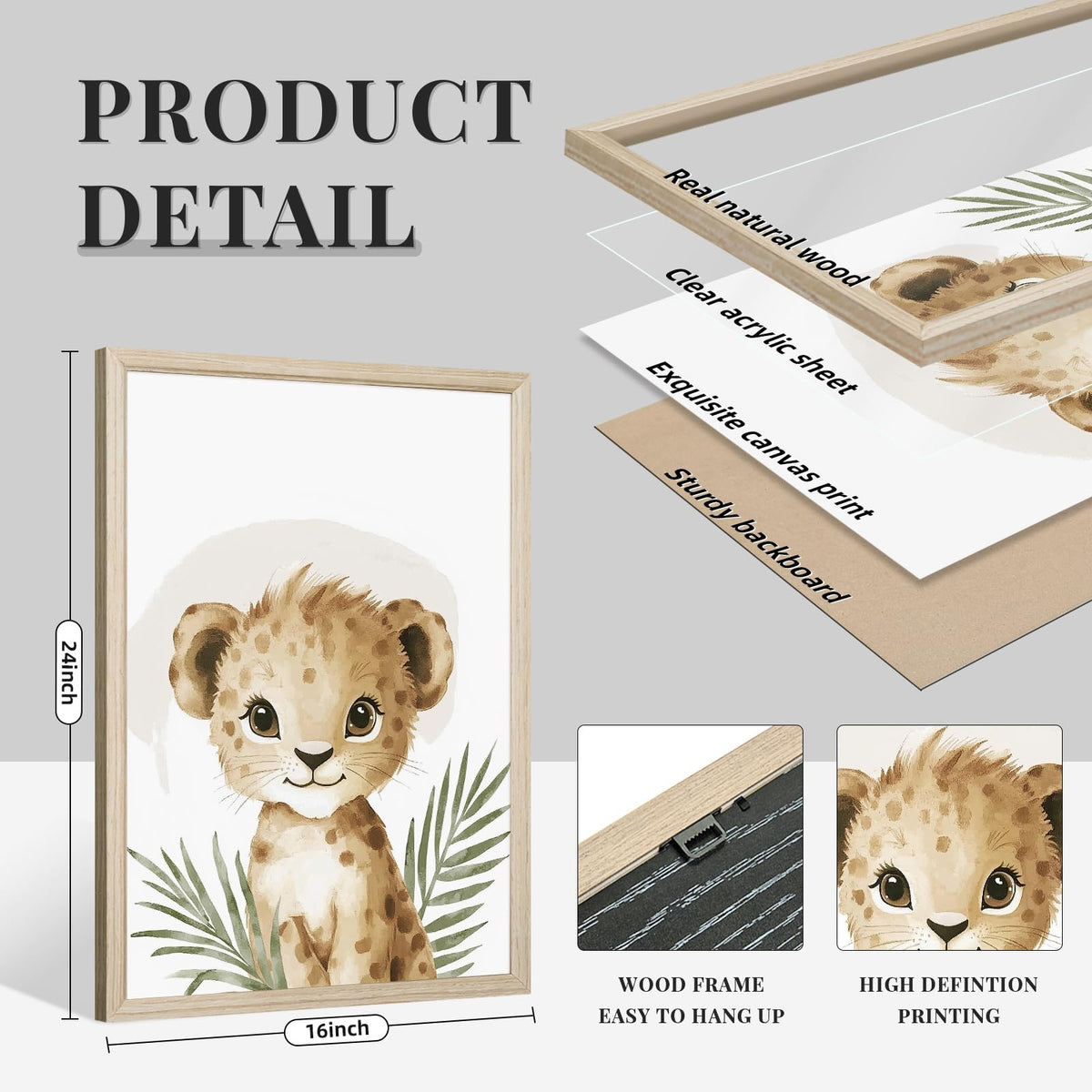 Nursery Animal Wall Art Decor Baby Boy Kids Room Pictures Safari Jungle Nursery Canvas Wall Decor Toddler Woodland Animals Prints Cute Giraffe Poster Artwork for Bedroom 16x24x3 Inch Wood Framed (16x24 Inch Framed / Leaf Elephant Prints)