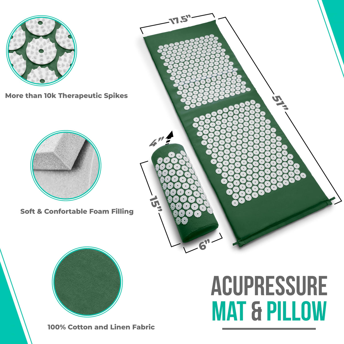 Sivan Acupressure Mat & Pillow Set for Back & Neck (Green/White / XL)