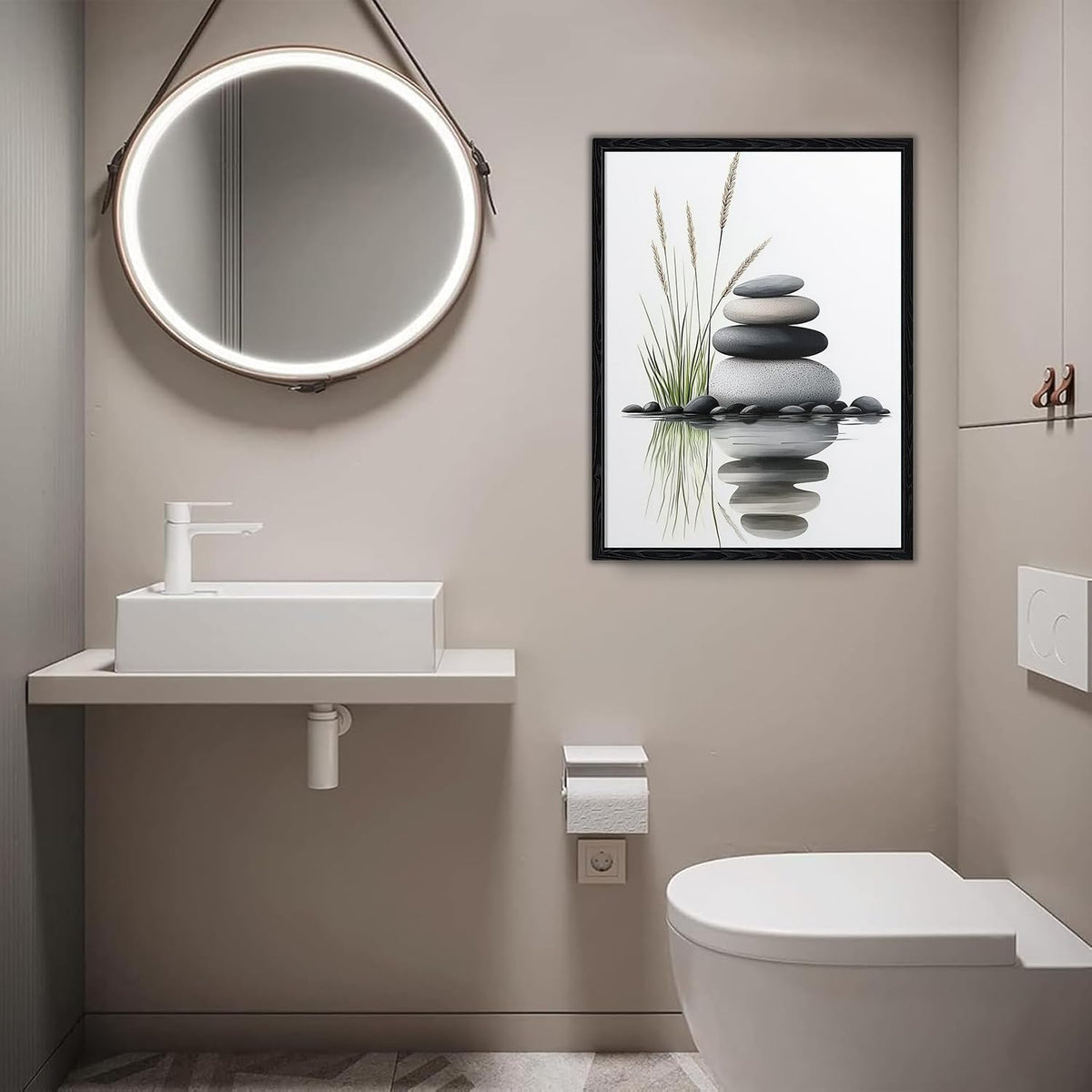 Beautiful Tranquil Zen Stacked Stones with Water Reflection Canvas Wall Art (Zen (Black Framed) / 24"L x 16"W)