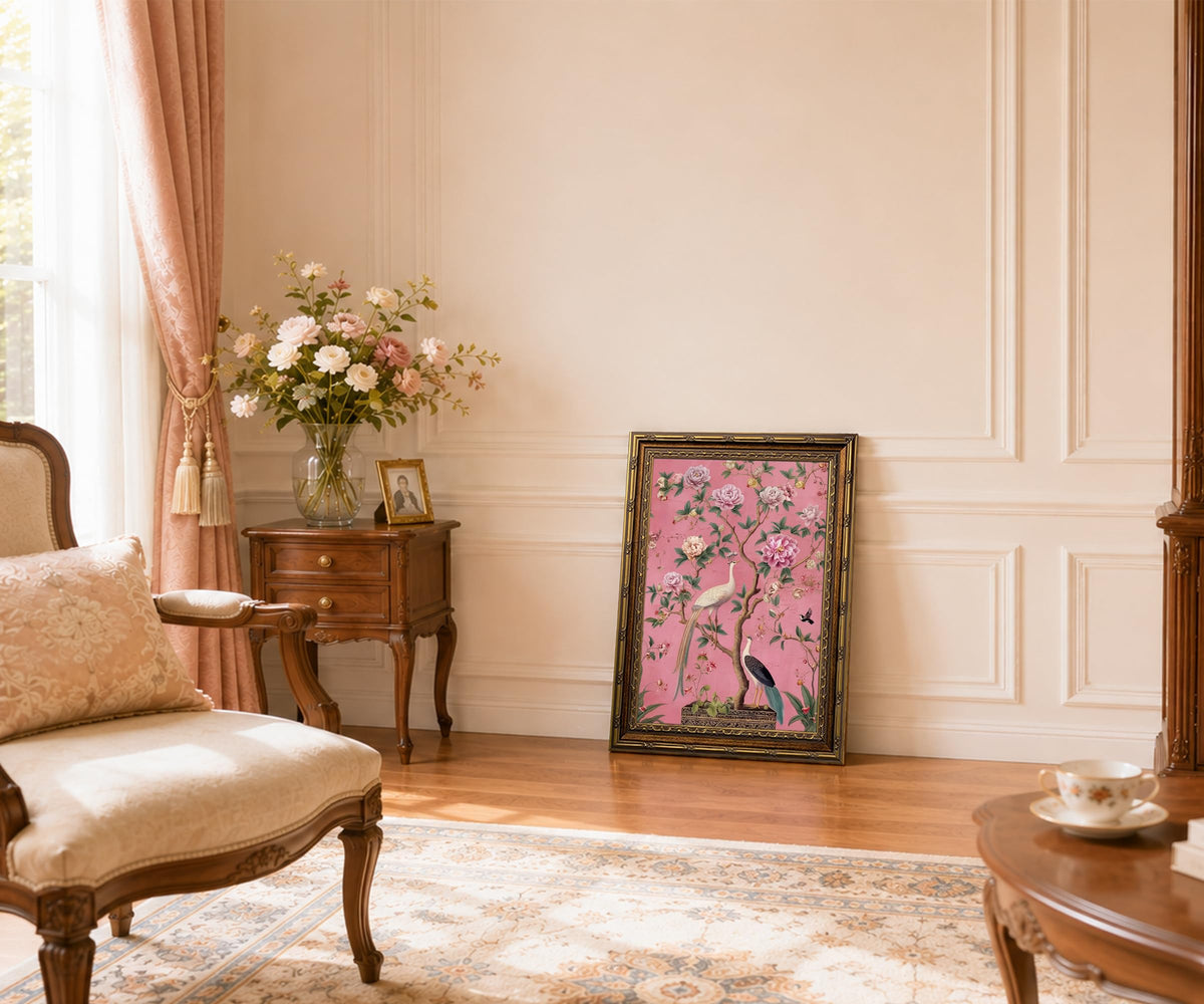 Vintage Gold Framed Chinoiserie Floral Bird Wall Art Vintage Botanical Peony Painting Print (BirdsPeacocks / 12"L x 16"W)