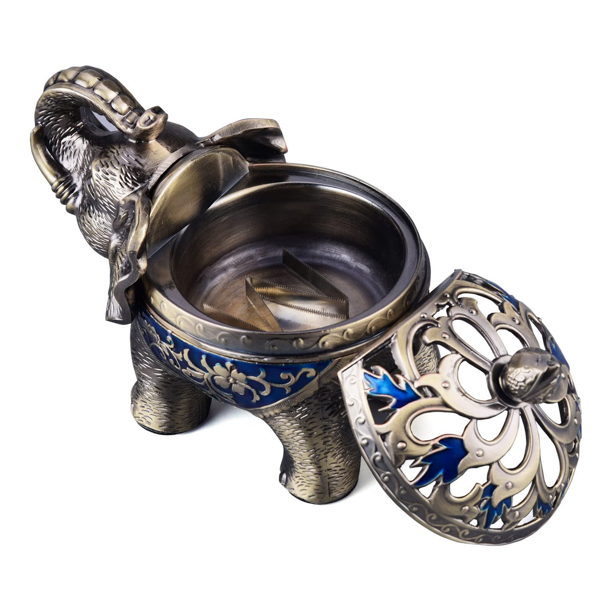 Metal Backflow Incense Holder Elephant Cone Incense Burner Candle Holder with Lid (Navy Blue)