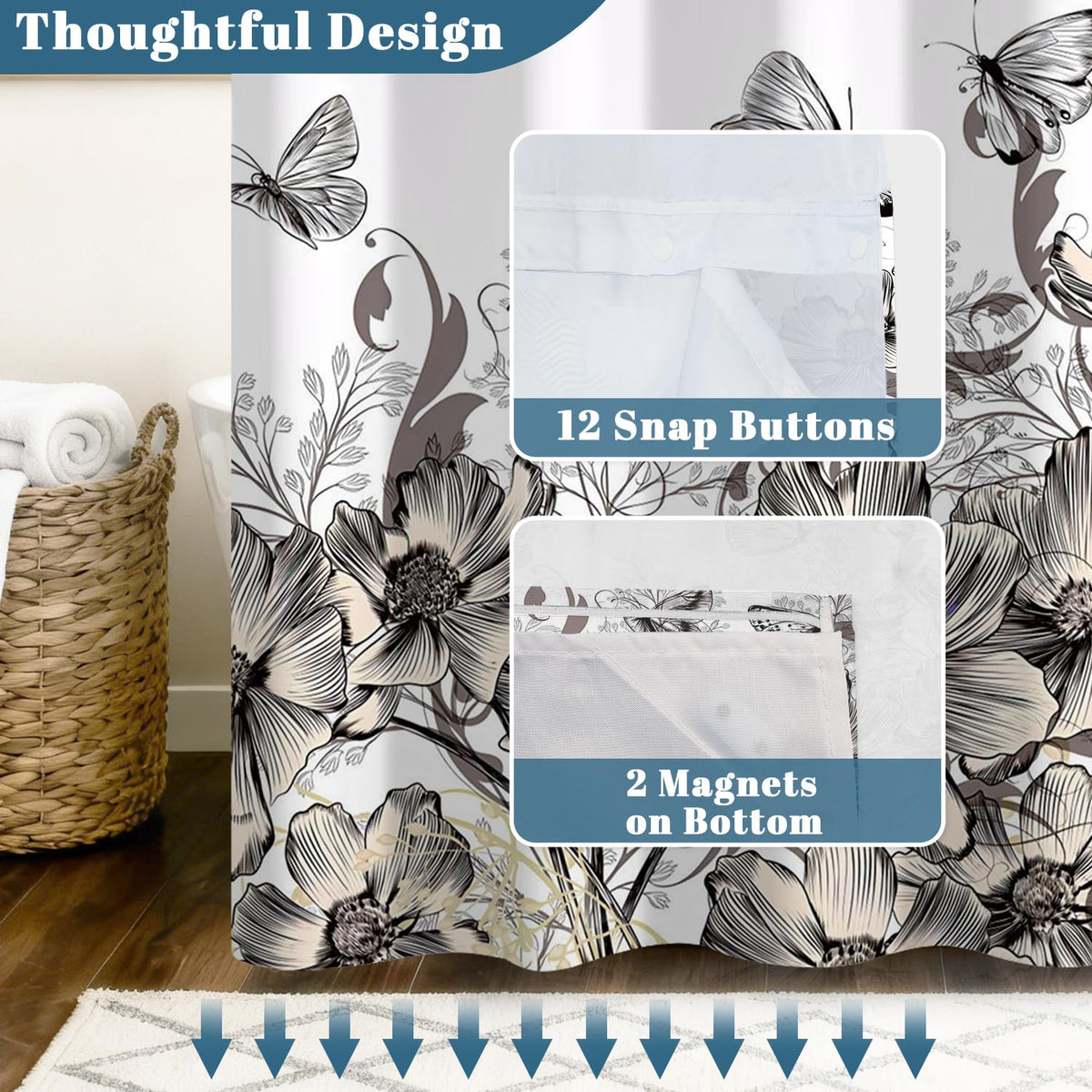 Butterfly Floral Shower Curtain with Snap in Liner (Floral-8)