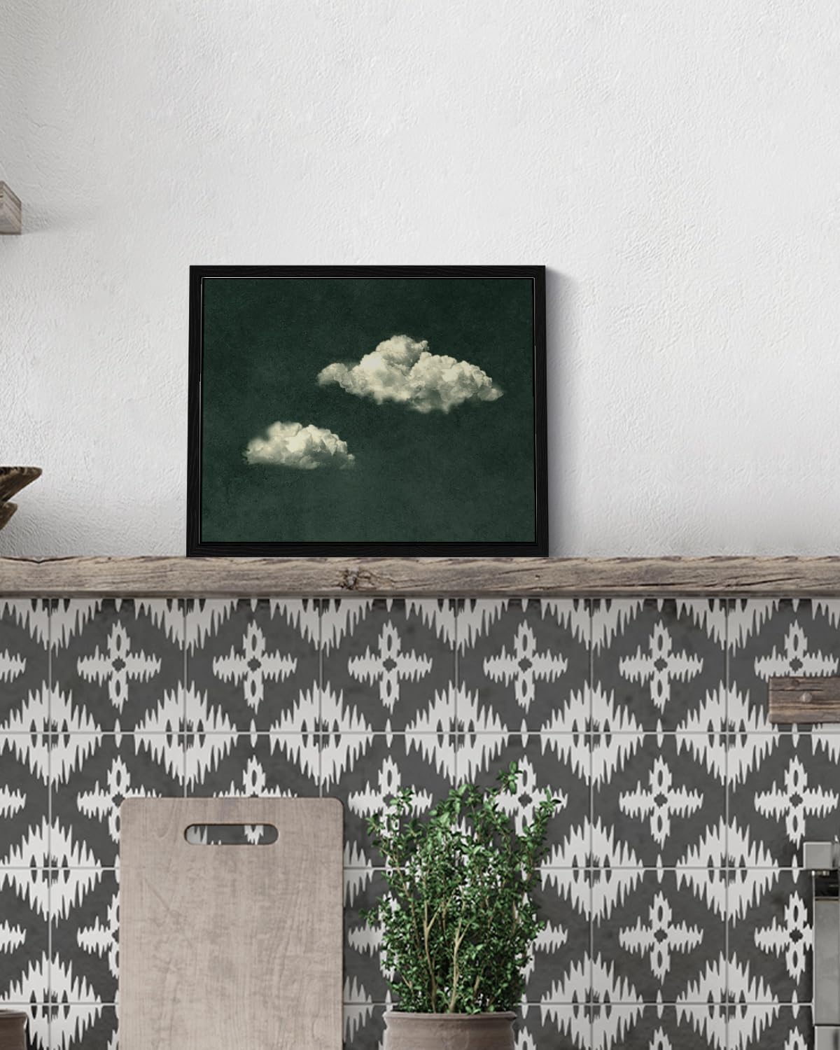 Vintage Framed Canvas Wall Art Dark Blue Moody Cloud Painting (Two Clouds / 10"L x 8"W)