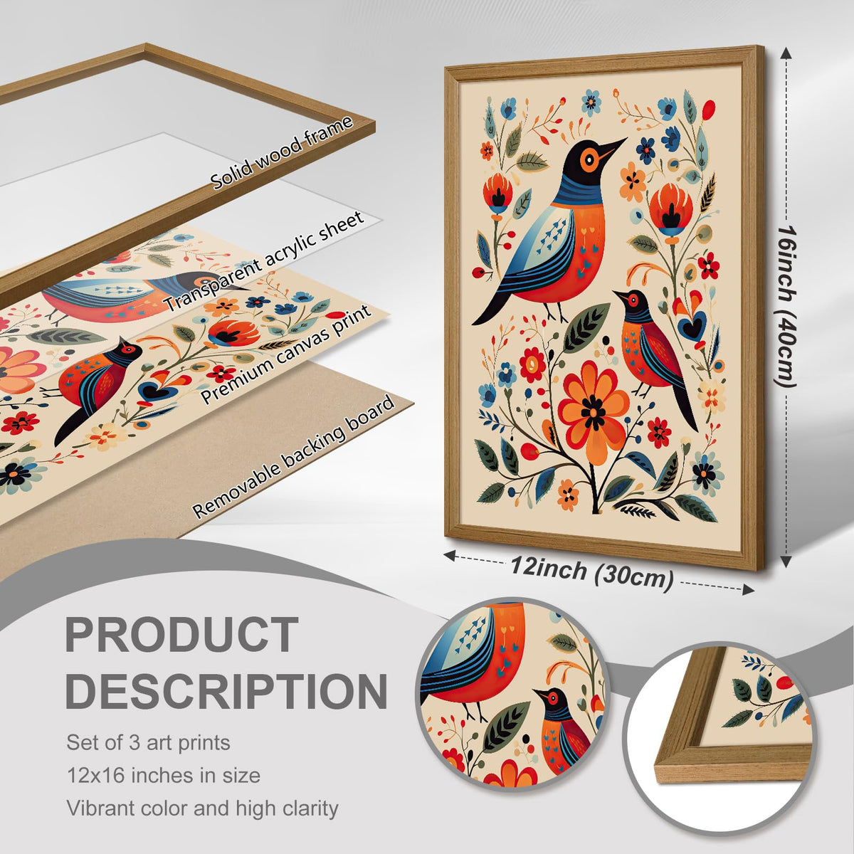 Scandinavian Folk Wall Art Nodic Flower Canvas Wall Decor Norwegian Wall Art Poster Swedish Antique Wall Decor Pictures Floral Bird Prints Vintage Poster for Home Kitchen 12x16x3 Inch Framed (Framed / Colorful Flower Prints Art / 16"L x 12"W)