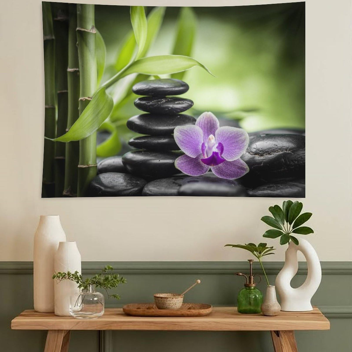 Zen Tapestry Wall Hanging Bamboo Leaves Spa Garden Purple Floral Stones Lotus Flower Japanese Relaxation Meditation Tapestries Home Decor for Living Room Bedroom Kitchen 60"x80" (60"L x 80"W / Zen-10)