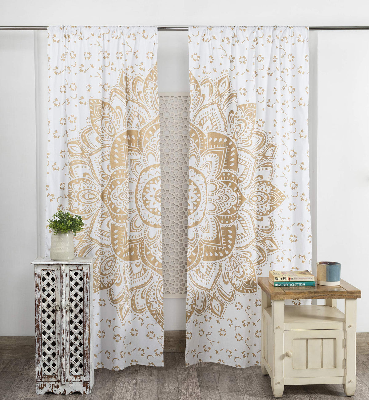 Indian Hippie Bohemian Beautiful Passion Ombre Color Mandala Curtain Panels White Gold (25"W x 74"L (Pack of 2) / Gold)