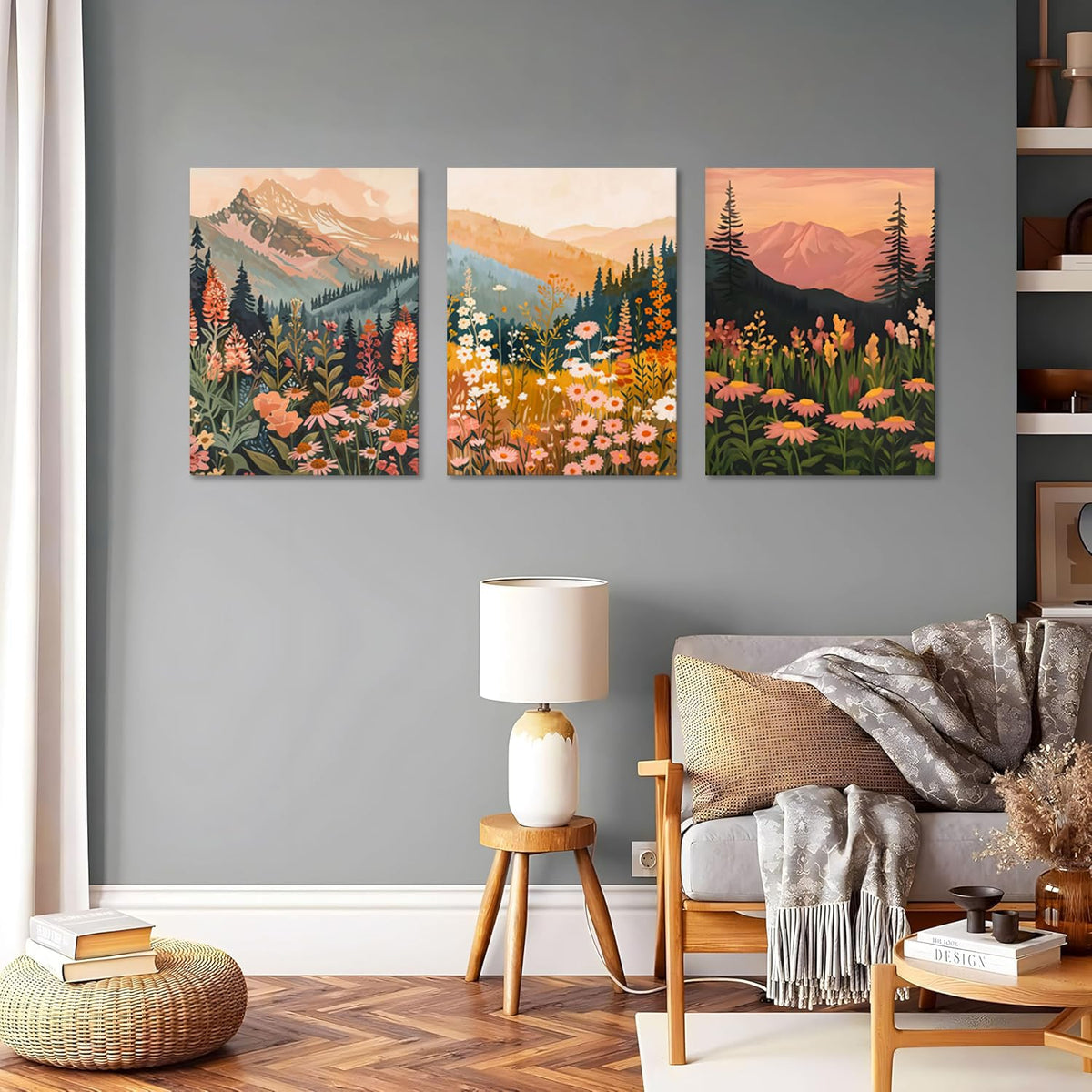 Boho Colorful Watercolor Mountain Canvas Wall Art Set of 3 (Tree canvas / 16L"x12W")