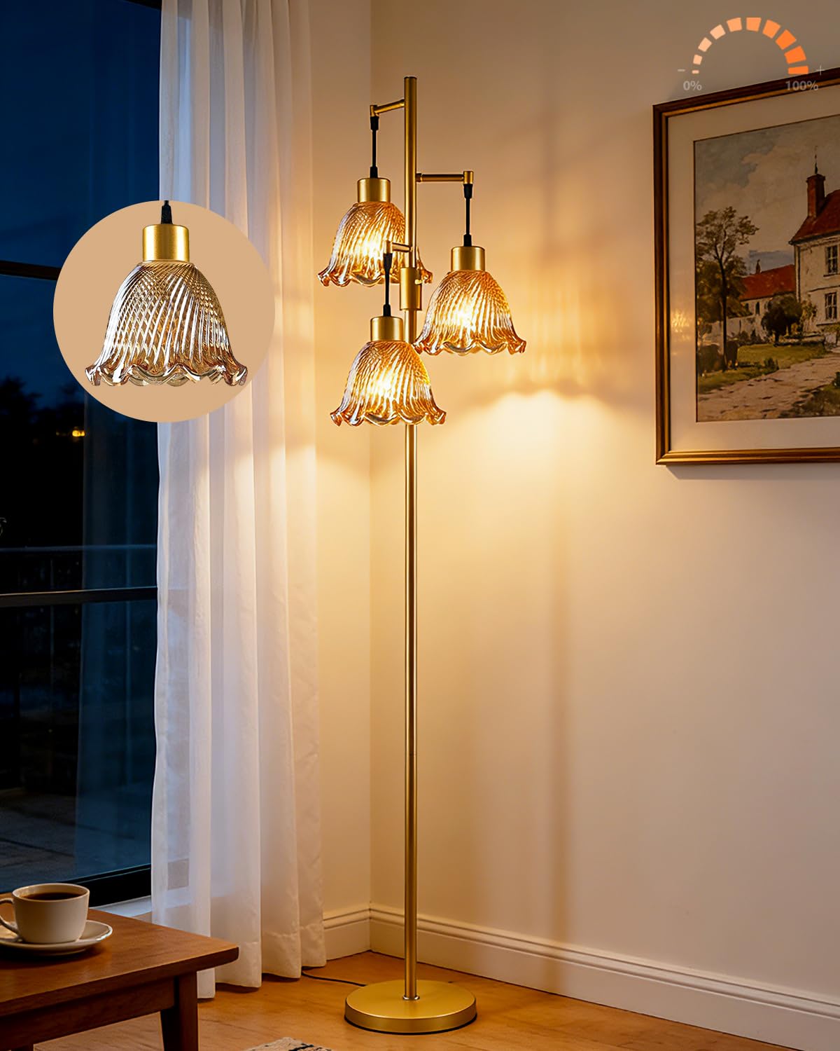 Amber Flower Glass Floor Lamp 3 (3 Amber Flower-Gold)