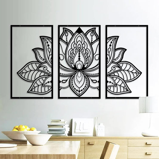3Pcs Black Lotus Mandala Metal Flower Wall Decor (43L" x 22W" / Black)