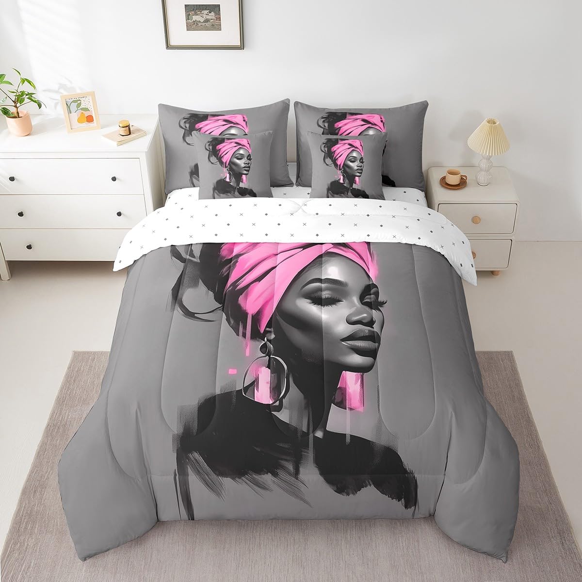 Black Women Comforter Set with Sheets Twin Size African American Woman 7 Piece Bedding Set All Season Teens Pink Abstract Bed in A Bag Breathable Soft Lightweight Modern Room Decor (Light Gray Pink / Twin)