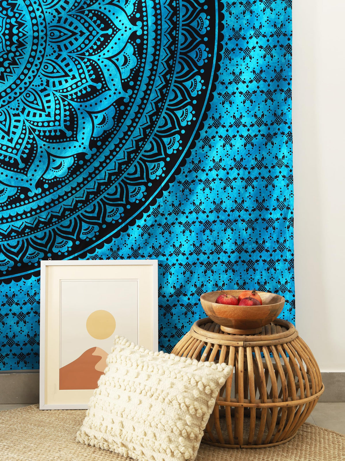 Queen Mandala Hippie Hippy Tie Dye Psychedelic Ombre Tapestry Wall Hanging (88"L x 81"W / Tarquoise Black)