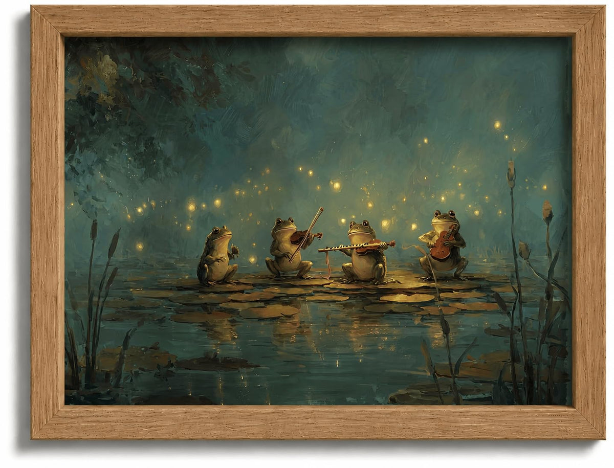 Frog Lily Pad Orchestra Framed Wall Art (Four frogs / 24"L x 16"W)