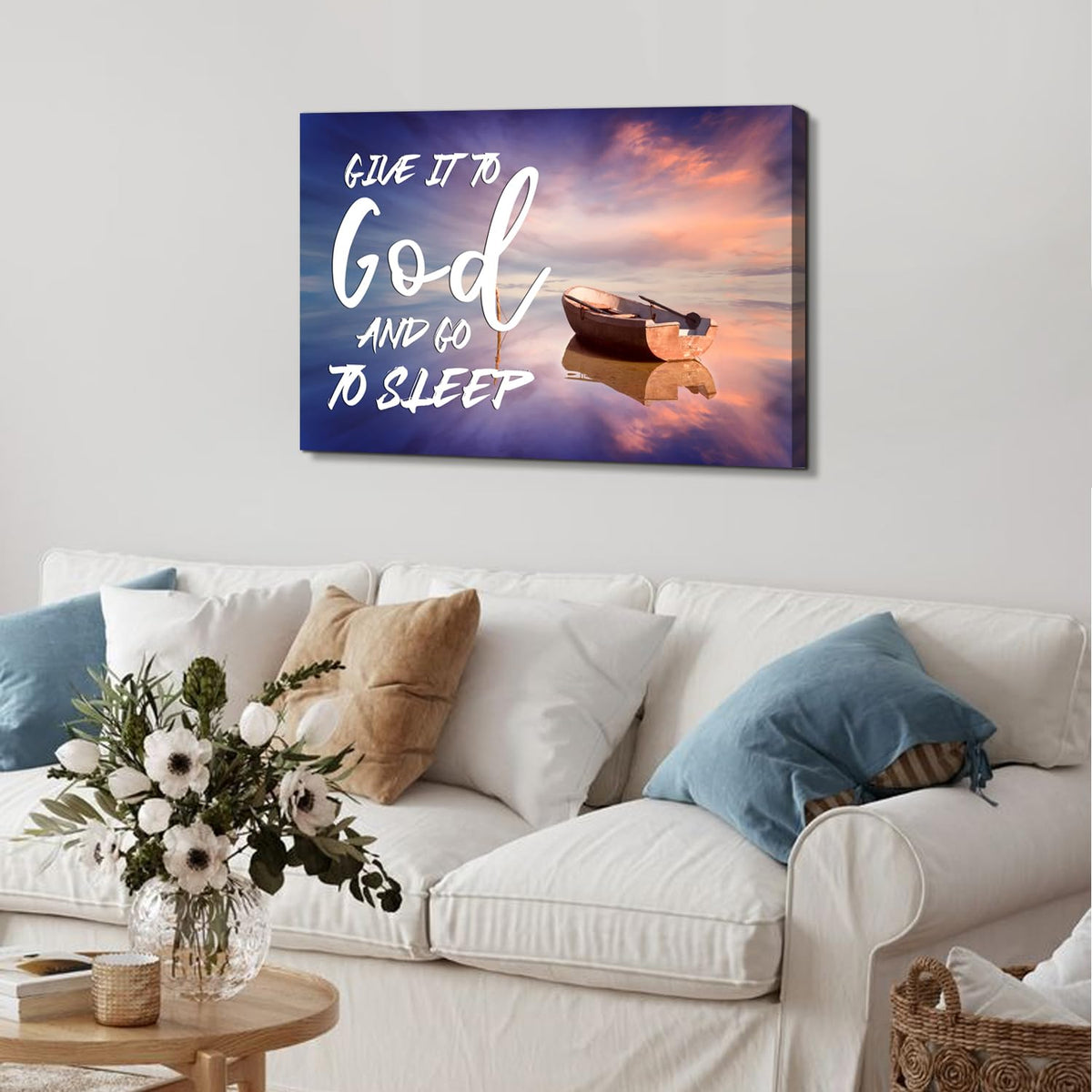 Give it to God and Go to Sleep Sign Wall Decor Master Bedroom Above Bed Christian Wall Art Beach Picture for Living Room Home Decorations Scripture Canvas Painting Wood Framed Modern Artwork 20x30'' (30"L x 20"W / God)