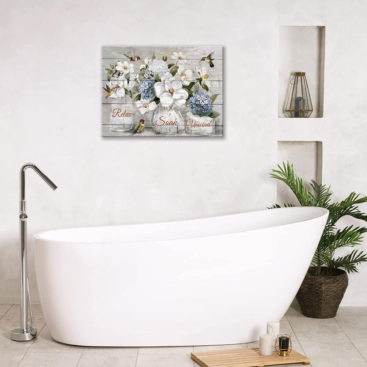 Farmhouse Flower Bathroom Decor Wall Art Rustic Hummingbird White Floral Pictures Wall Decor Relax Soak Unwind Bathroom Sign Canvas Painting Prints Artwork Home Decorations Framed for Bedroom 24"x16" (White Flower / 24"L x 16"W)