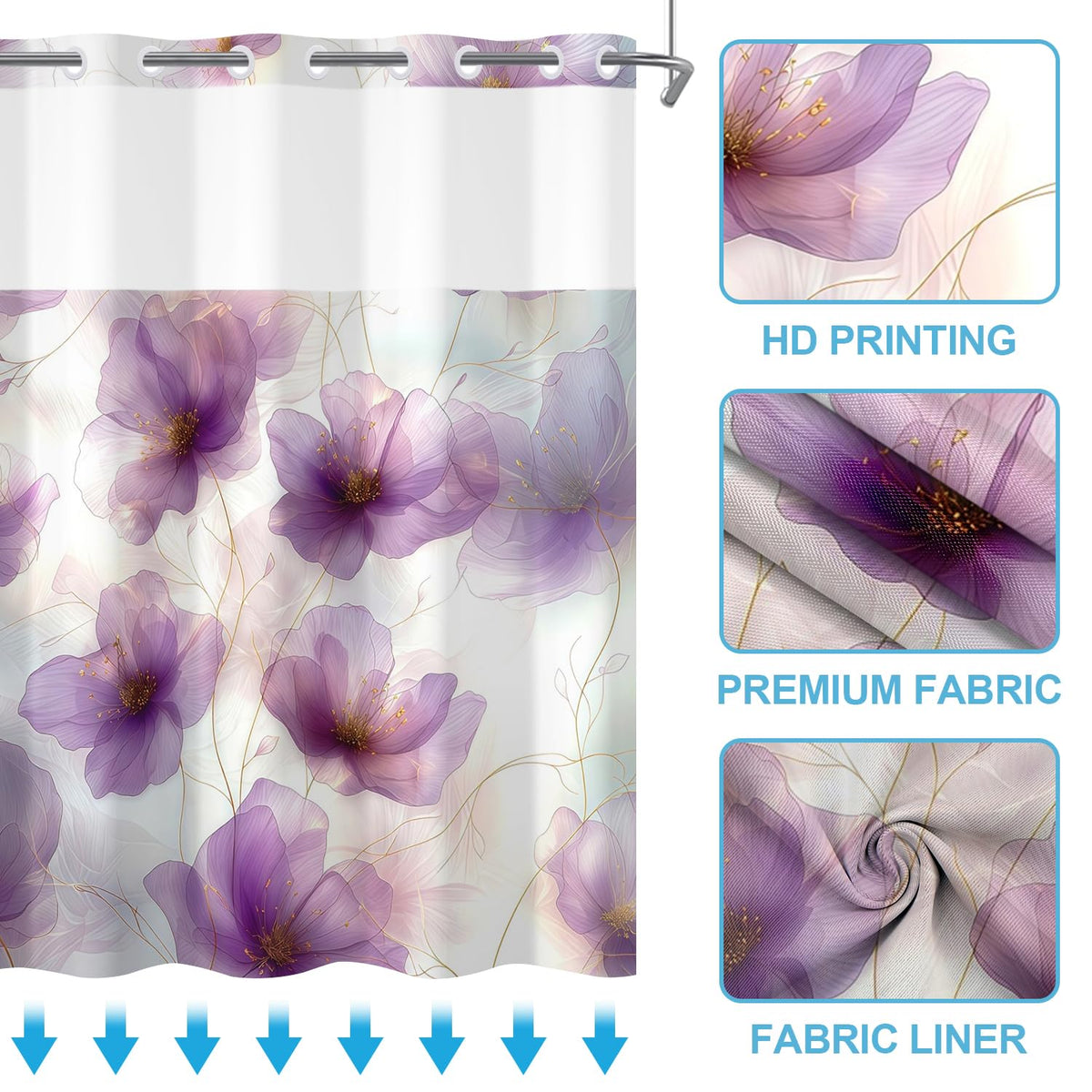 No Hook Flower Shower Curtain with Snap in Liner Set Purple Floral Shower Curtains Modern Arch Pattern Waterproof Fabric Machine Washable Bathroom Hotel Decorative 71x74 Inch (Purple2)