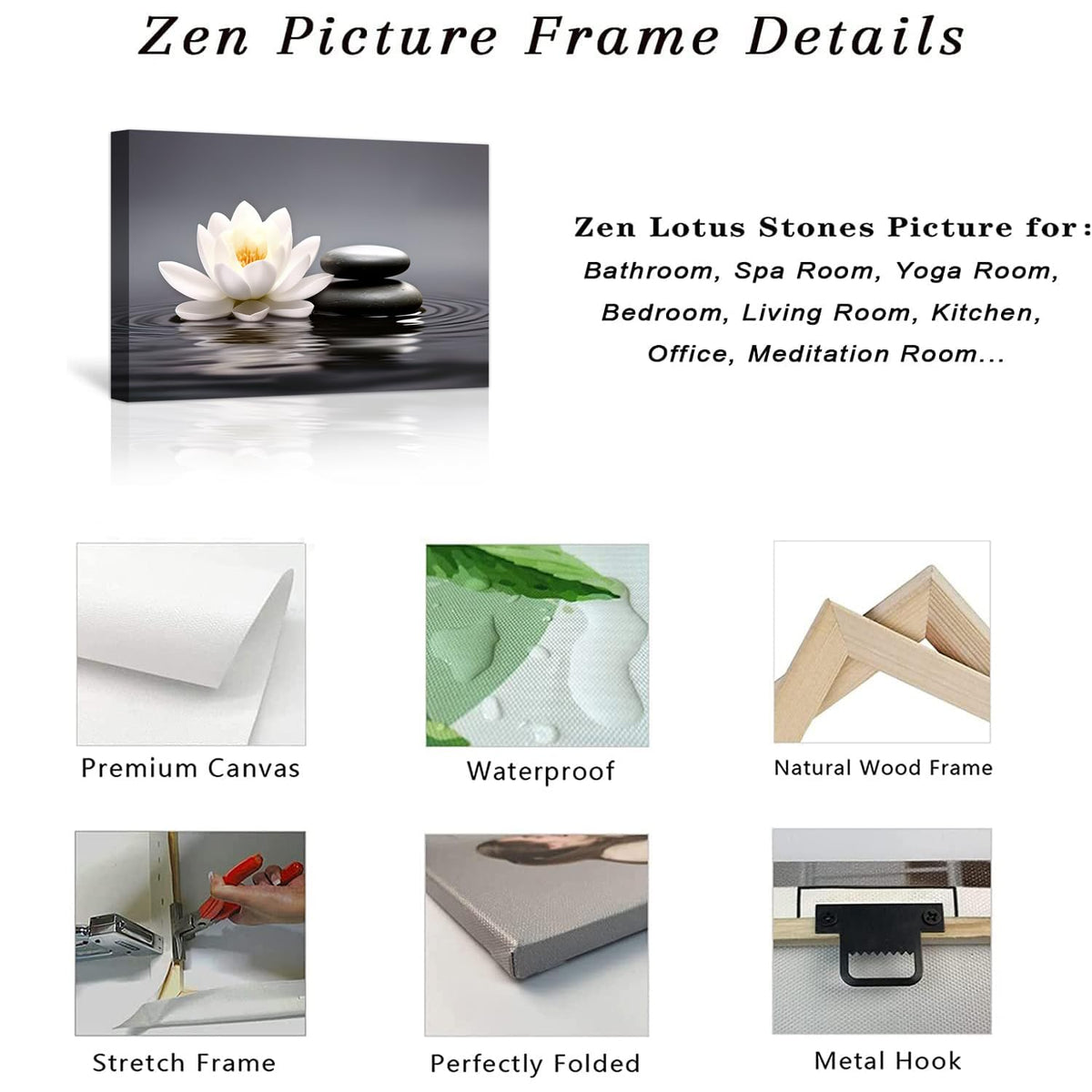 Zen Wall Art Lotus Flowers Stones on Water Pictures Canvas Prints Bathroom Decor Spa Artwork for Yoga Meditation Room Spiritual Gifts (Zen-2 / 24"L x 36"W)