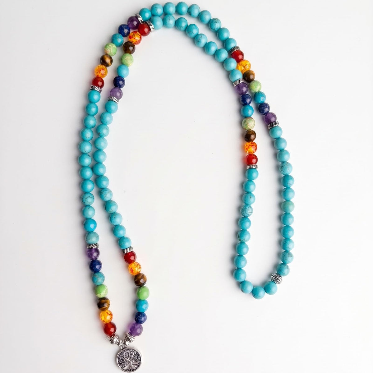 Necklace 108 Mala Beads Bracelet Buddhist Prayer Pendant Necklace (Turquoise-Tree)