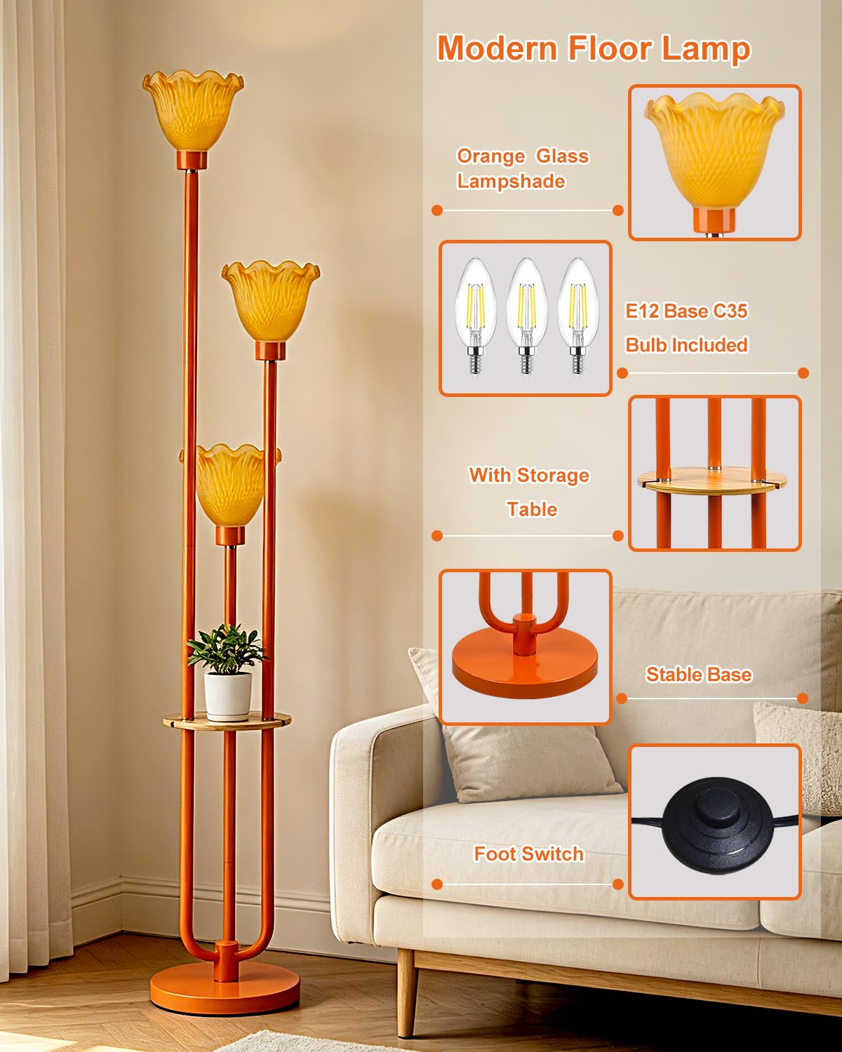 Orange Floor Lamp with LED Bulbs Included (Orange-3UA1)