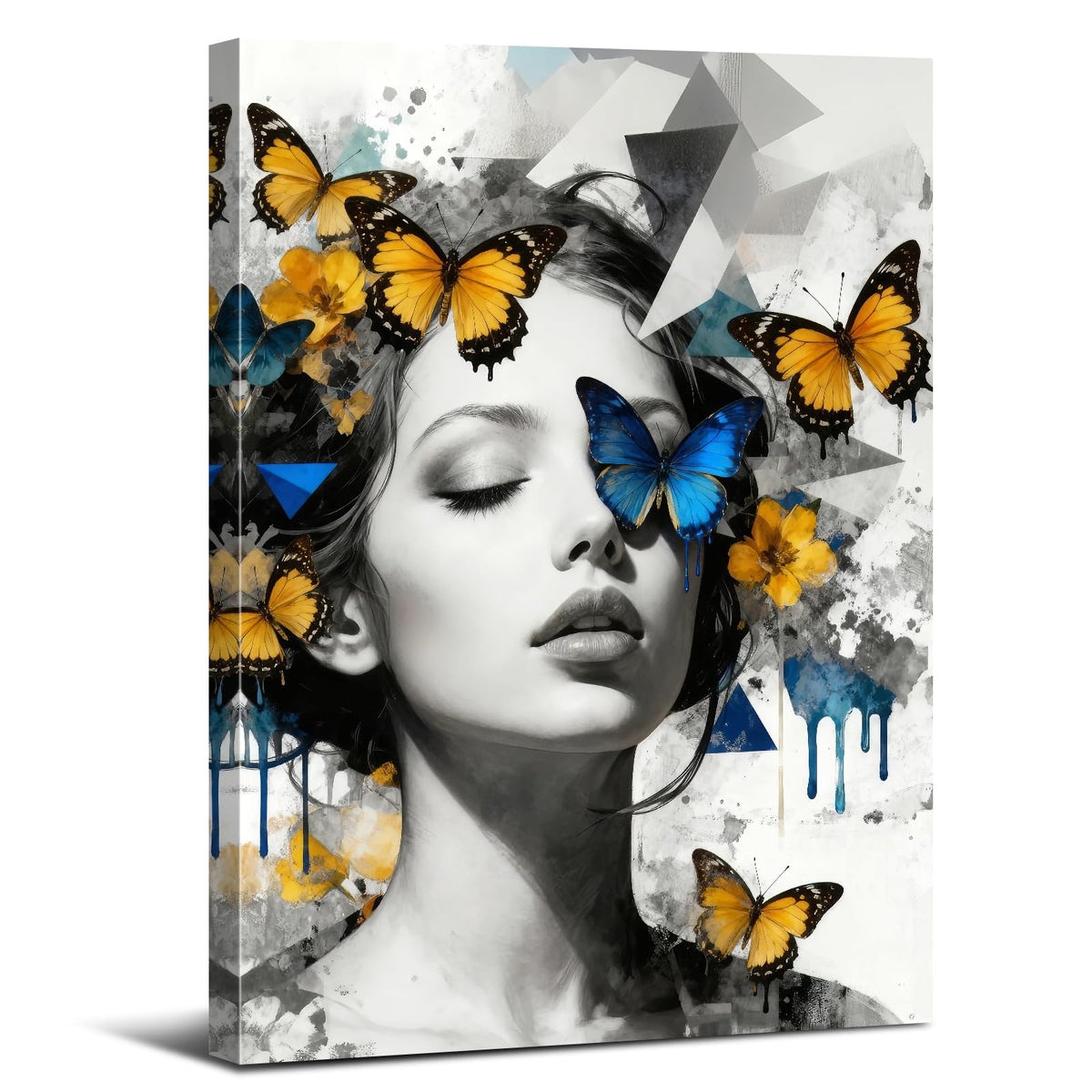 Women Portrait Wall Art Blue Yellow Butterfly Paintings Picture Abstract Black and White Women Wall Decor Aesthetic Minimalist Canvas Prints Artwork for Bedroom Bathroom Spa Home Decorations 16x24" (24"L x 16"W / Women)