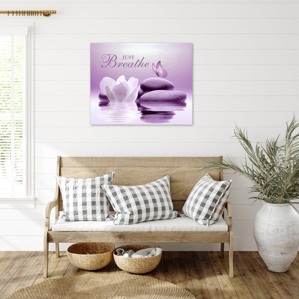 Zen Canvas Wall Art Bathroom Purple Butterfly and Flower Stone Relaxing Just Breathe Framed Wall Art Yoga Spa Office Calming Pictures Canvas Wall Decor for Living Room Bedroom (12"L x 16"W / Purple)