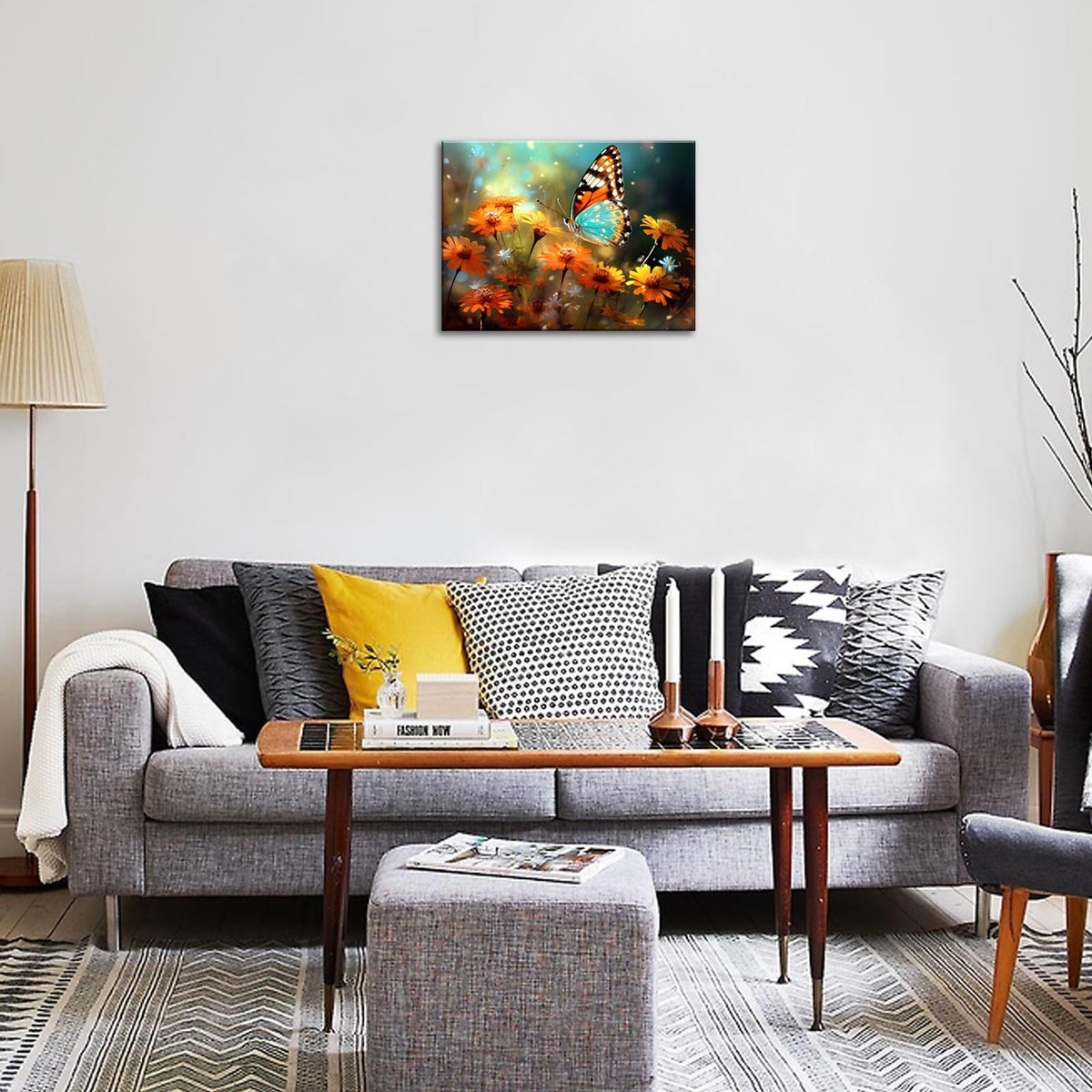 Flower ButterflyWall Art Orange Daisy Wildflowers Butterfly Canvas Wall Art Colorful Scenery for Living Room Baby Room Nursery Bedroom Bathroom Office Decor Framed Ready To Hang (24"L x 16"W / Daisy)