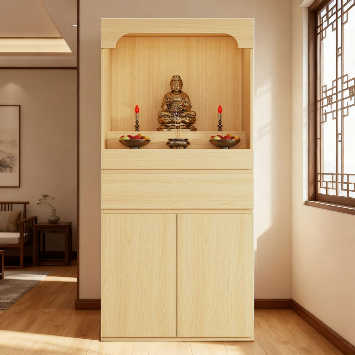 Altar Table Pooja Cabinet with Drawers and Storage Cabinets (15.7×15.7×65.4in / Natural Wood)