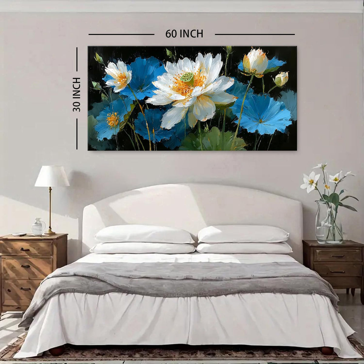 Large Abstract Lotus Flower Canvas Wall Art for Living Room Vintage Floral Picture Boho Decor Blue and White Zen Lotus Painting Meditation Room Artwork Poster Kitchen Office Decorations 30x60” (60"L x 30"W / Blue Lotus)