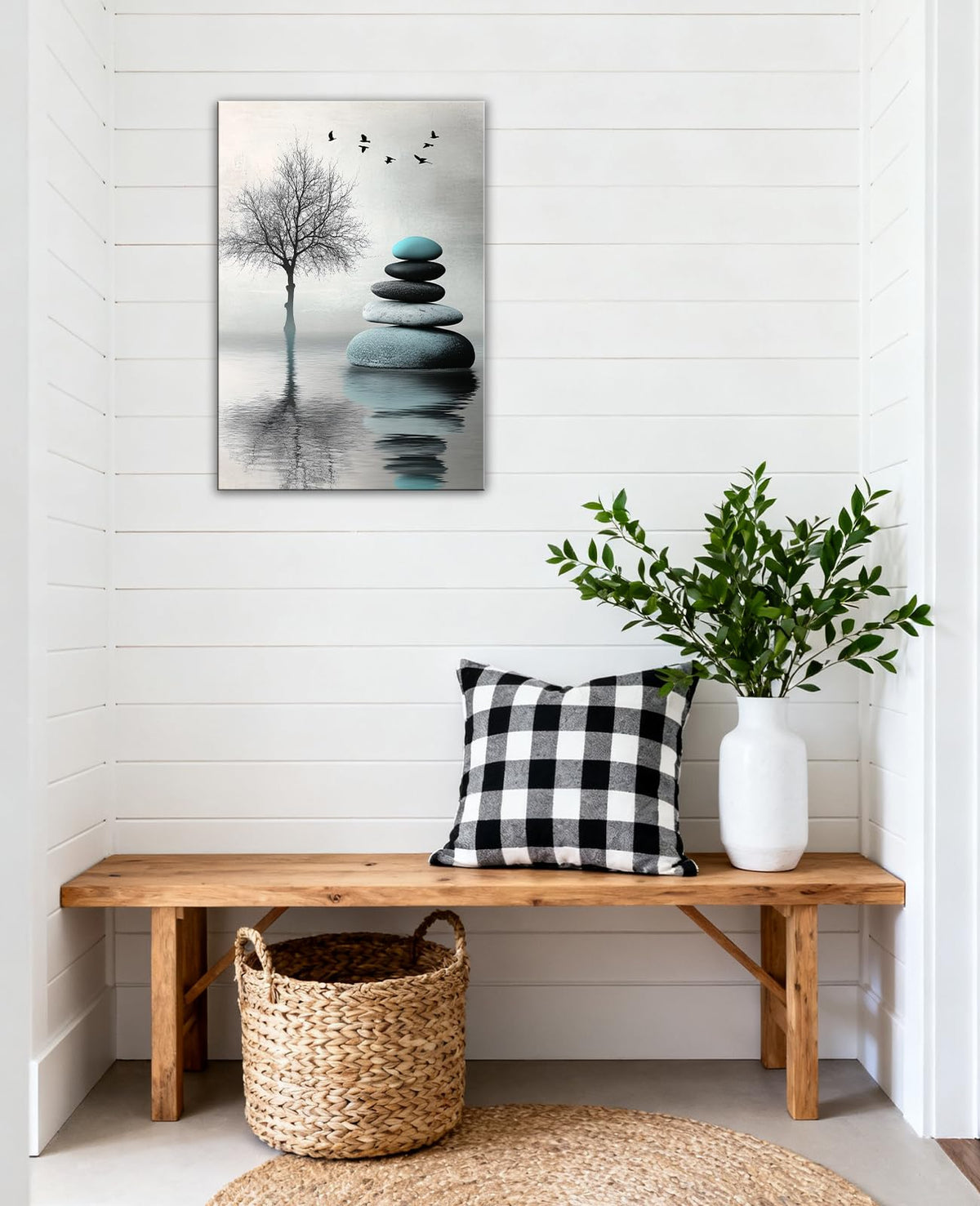 Zen Stones Tree Canvas Wall Art Water Spa Stone Reflection Pictures Minimalist Nature Art Zen Meditation Calming Home Decor for Living Room Bathroom (Artwork-2 / 36"L x 24"W)