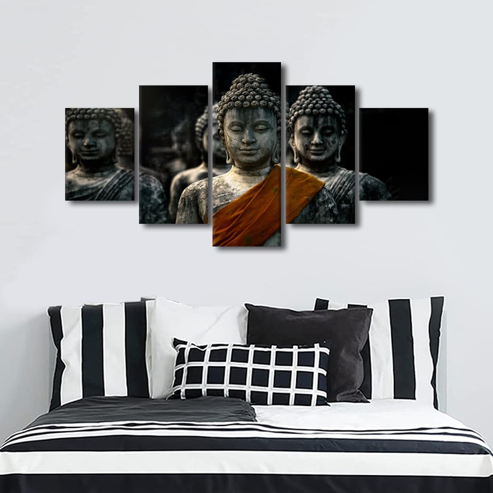 Canvas Wall Art Modern Office Wall Decor Thailand Buddha Statue Buddha Pagoda Picture Printing 5 Panel Buddha Zen Wall Art for Men Living Room Decor Stretched and Framed Ready to Hang 60x32 in (60x32 in / 5PANEL-12)