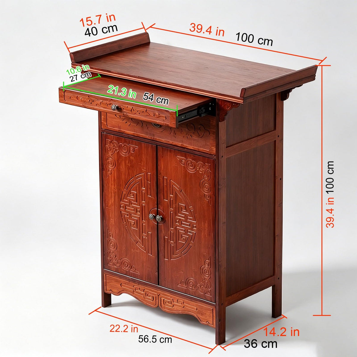 Wooden Meditation Shrine Desk with Storage Cabinet and Drawer (Red / L39.4in/100cm)