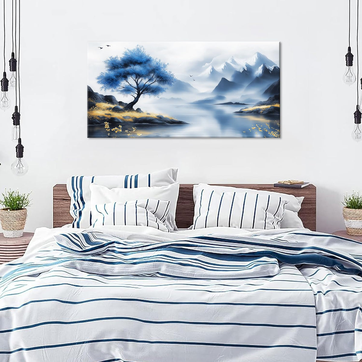 Blue Tree Lake Wall Art for Living Room Canvas Painting Prints Beautiful Mountain Lakeside Landscape White Nature Artwork Office Bedroom Family Room Decor Large (46L" x 23W" / Yellow and Blue Wall Art(k826))