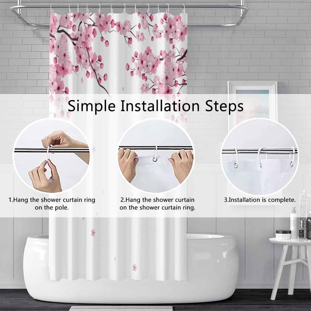 Pink Cherry Blossom Shower Curtains for Bathroom Watercolor Spring Floral Shower Curtain Sets Janpenese Asian Style Shower Curtain Bathroom Curtains Set with Hooks 72x78 Inch (72"W x 78"L (Pack of 1) / Pink-33)