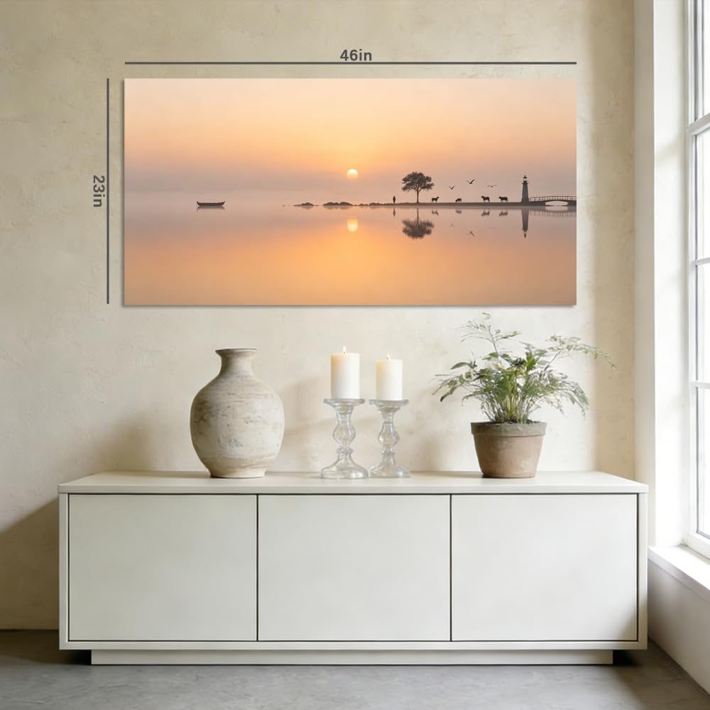 Sunset Beach Canvas Wall Art Silhouette Ocean Landscape Painting Flat Print Gallery Wrapped Coastal Artwork for Living Room Bedroom Bathroom Decor (Mysterious / White Lighthouse Tree 17 / 46"L x 23"W)