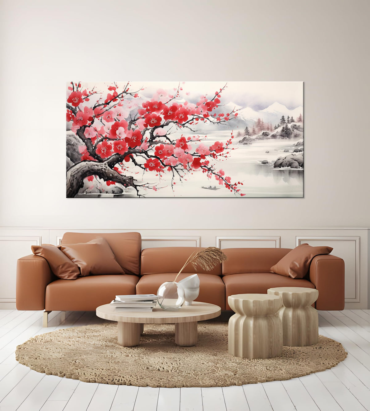 Asian Wall Art Traditional Chinese Painting Oriental Red Plum Blossom Canvas Pictures for Wall Decor Home decor for Living Room Cherry Blossom Decor Landscape Artwork Framed Ready to Hang (Red-One Piece / 24"L x 12"W)