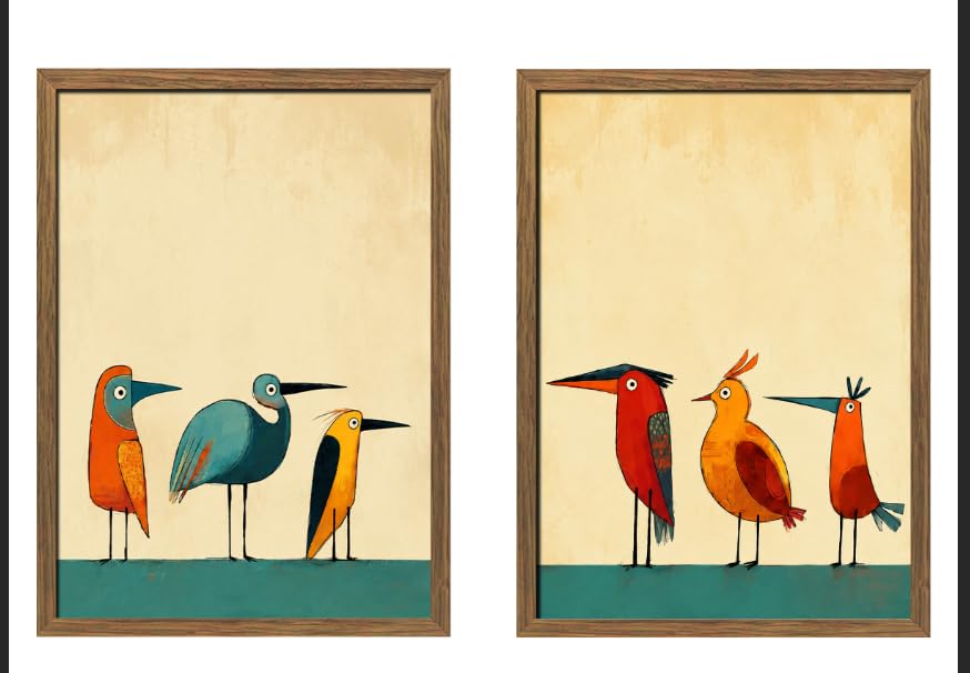 Mid Century Modern Bird Wall Art Colorful Birds on Wire Canvas Print (Birds / 24"L x 16"W)