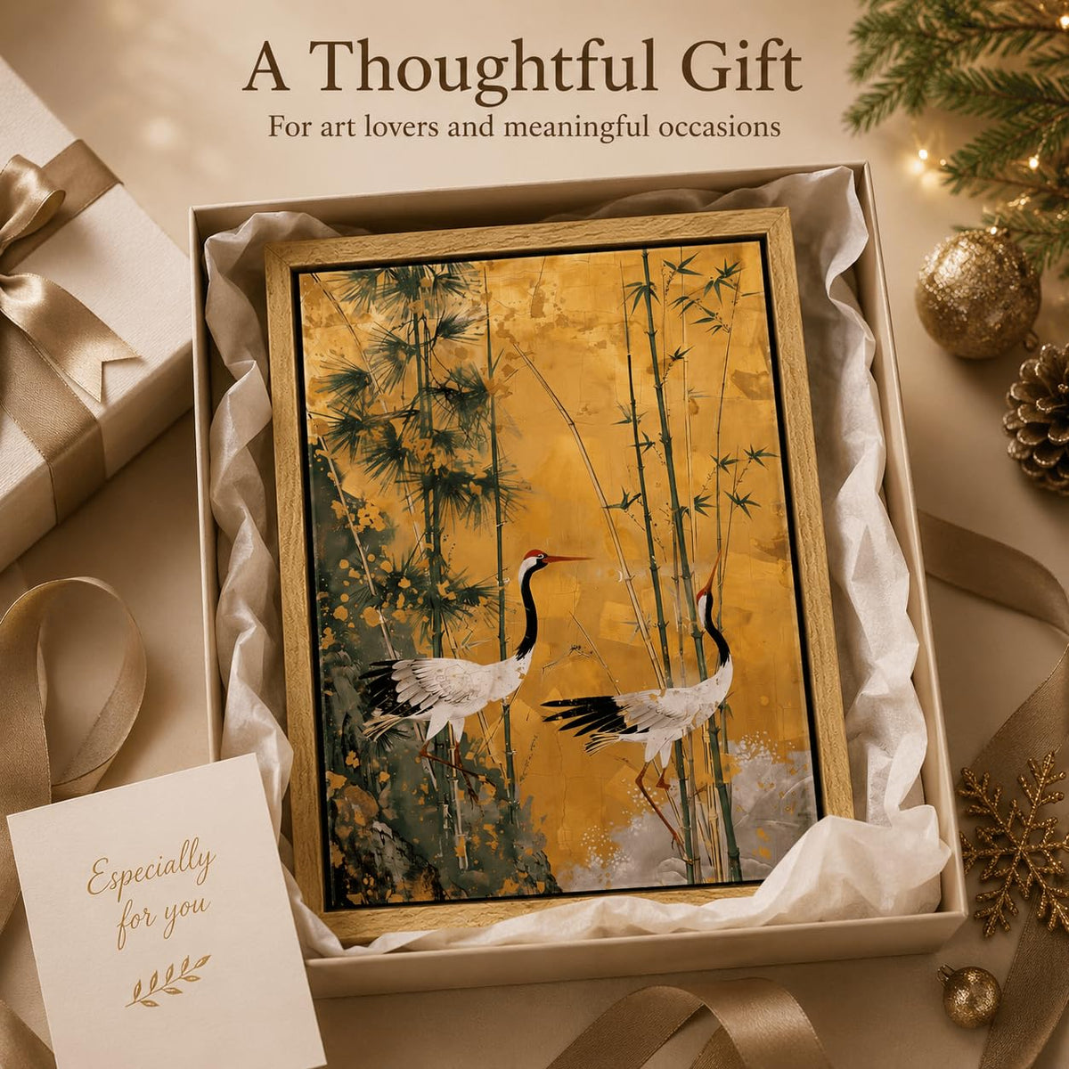 Framed Japanese Crane Wall Art Zen Japandi Asian Living Room Decor (Japanese Crane / 10"L x 8"W)