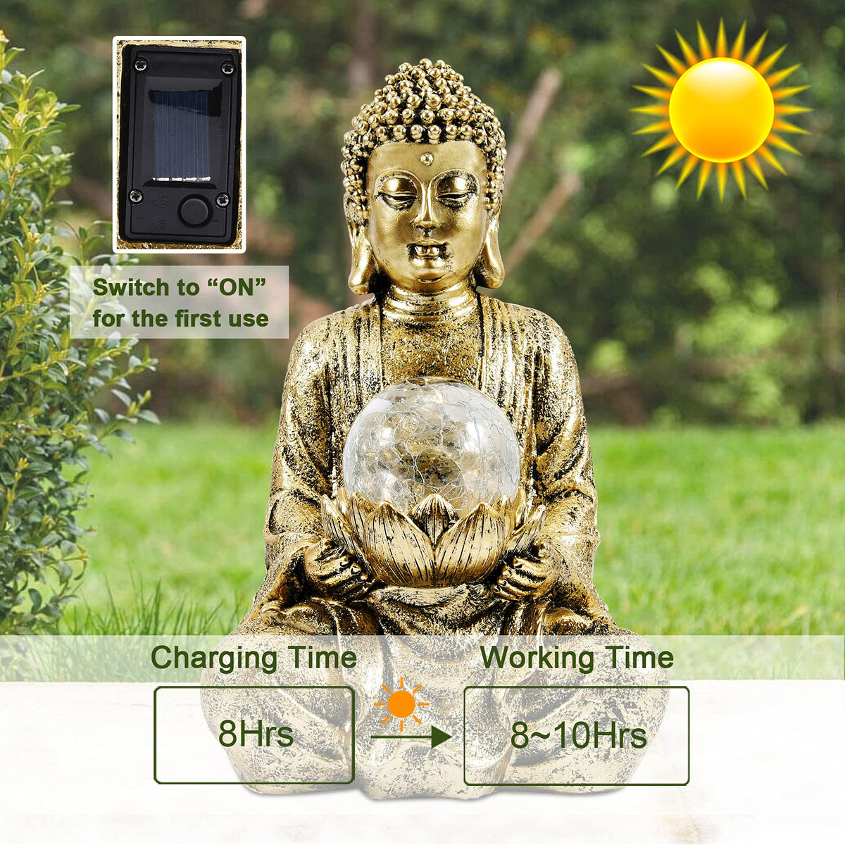 Meditating Zen Buddha Statue with Solar Light (Gold)