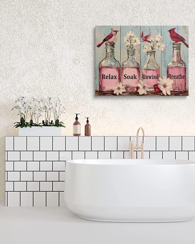 Framed Rustic Rustic Floral Cardinal Bathroom Decor Pink Flower Canvas Wall Art (Light purple / 24"L x 16"W)