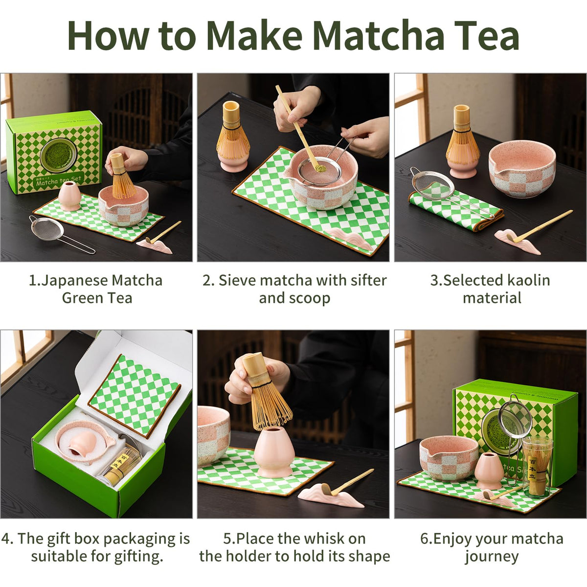 Premium 7 Piece Matcha Tea Set (Pink grid)