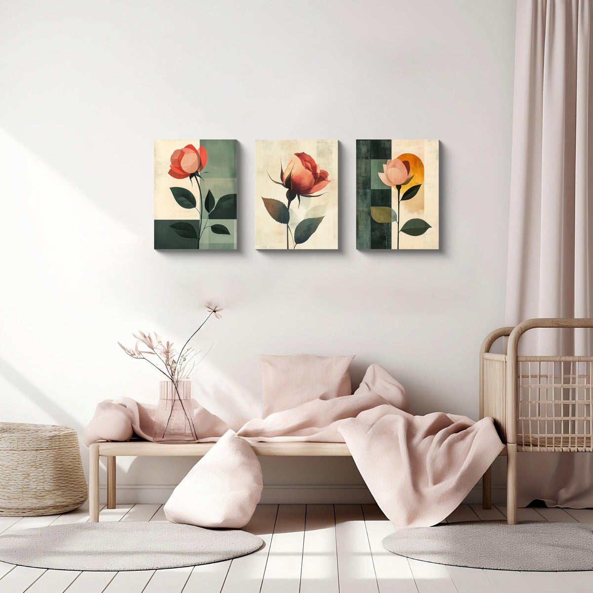 3Pcs Abstract Rose Wall Art Canvas Print Minimalist Floral Painting Modern Geometric Red Flower Botanical Artwork Mid Century Style Home Decor Green Teal Beige Decor for Living Room Bedroom (12 x 16 inches (3-Piece Set) / Geometric Rose)