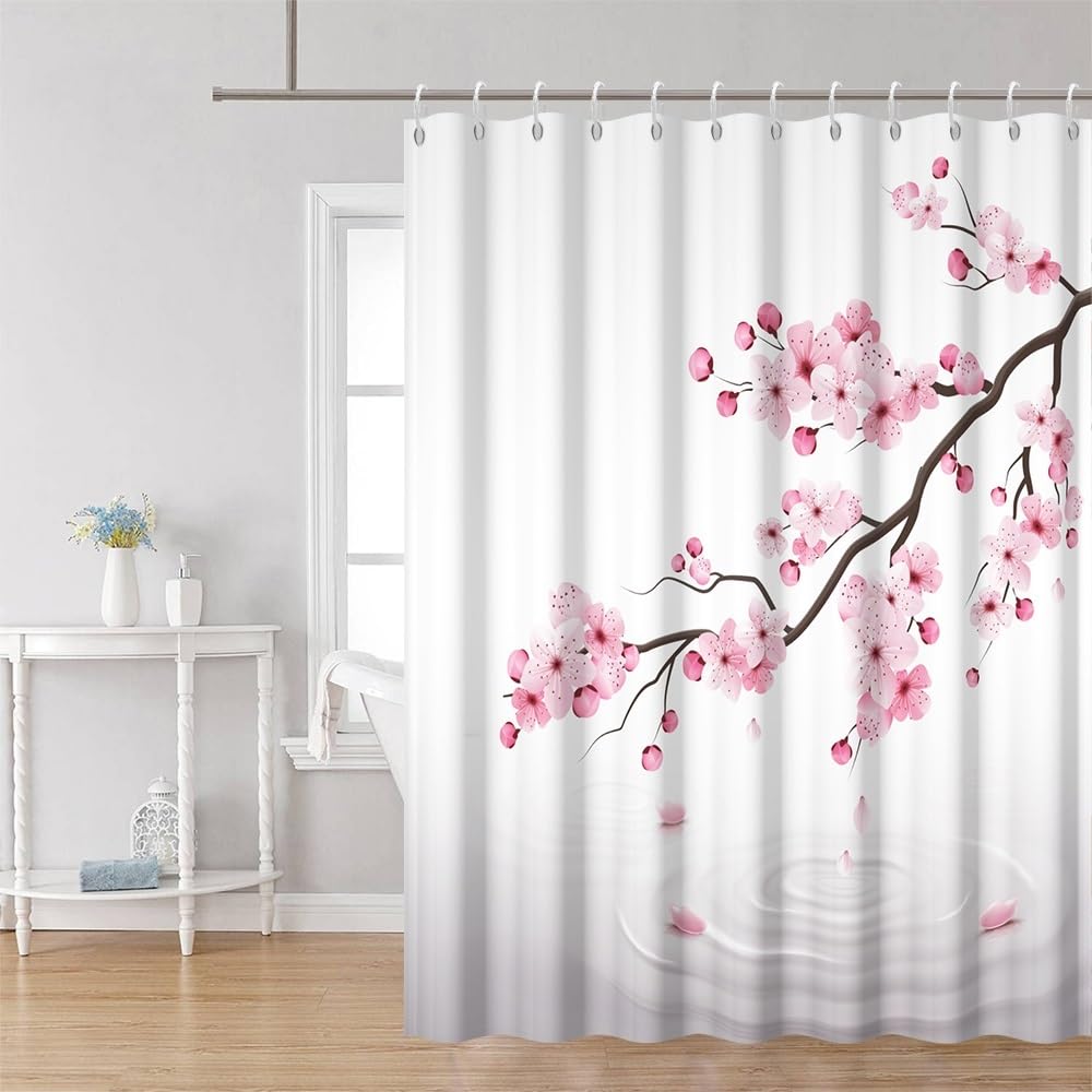Cherry Blossom Shower Curtain Japanese Blooming Pink Floral Cherry Branch Bathroom Curtain Classic Japanese Culture River Ripple Flower Branch White Shower Curtains Set with Hooks 72x84 Inch (72"W x 84"L (Pack of 1) / Pink-35)