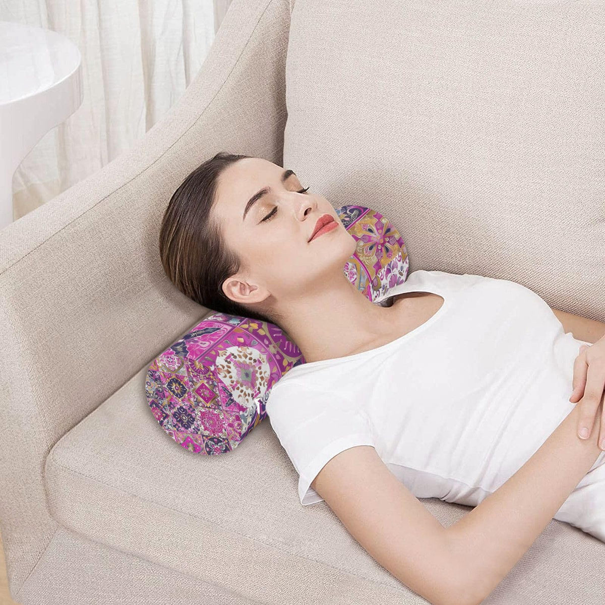 Neck Roll Pillow Bolster Pillows Round Health Memory Foam Long Cervical Cylinder Body Removable Washable Cover Bed Legs Back Yoga Pink Boho Tiles (Paisley 18)