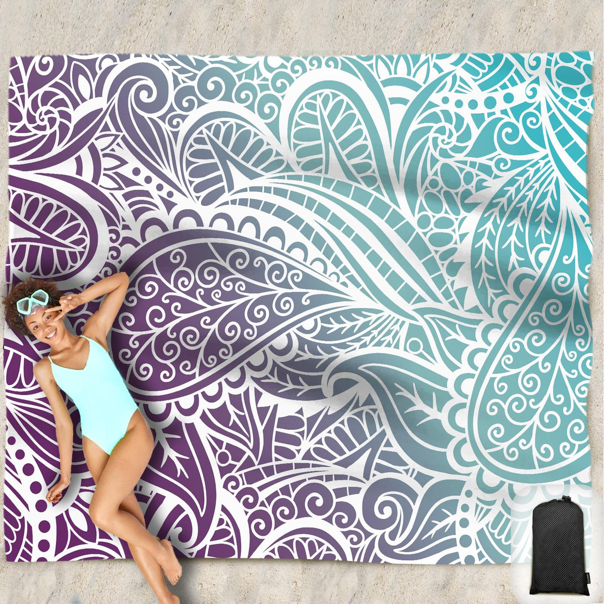 Beach Blanket Waterproof Sandproof Oversized 95”x 80” (Ombre Purple Blue)